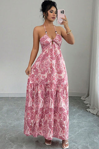 Bow Back V Neck Halter Neck Maxi Dress
