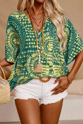 Fashion V Neck Printed Button Casual Tops
