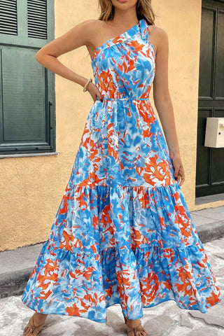 One Shoulder Floral Print High Waist Maxi Dress