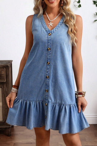 V Neck Button Ruffle Hem Solid Dress