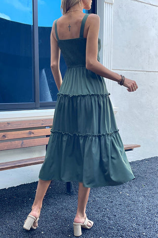 Fashion Smocked Bust Solid Color Casual Dress