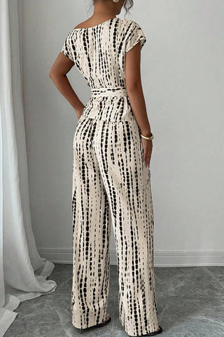Asymmetric Tie Waist Printed Casual Two Piece Set