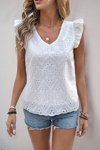 Ruffle Sleeve Solid White Casual Tops