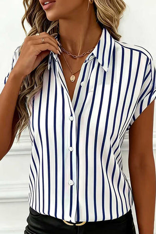 Fashion Stripe Print Button Cap Sleeve Tops