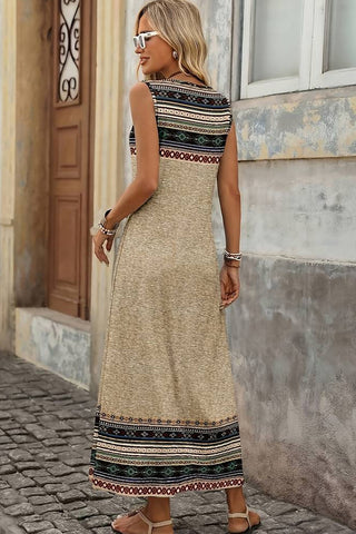 Fashion Bohemia Print Color Block Maxi Dress