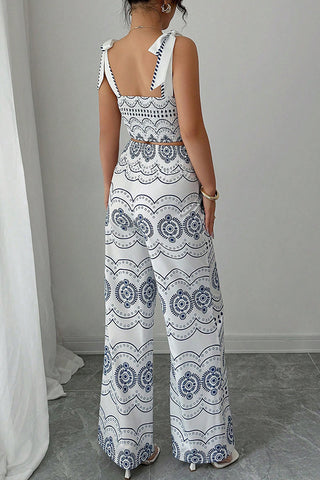 Fashion Smocked Print Tie Shoulder Two Piece Set