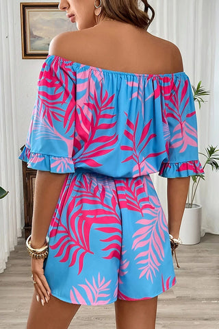 Fashion Off The Shoulder Leaf Print Rompers