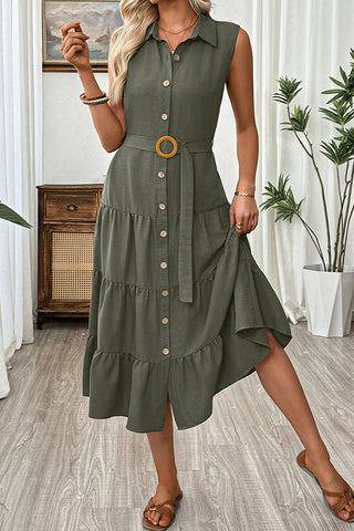 Fashion Lapel Button High Waist Midi Dress