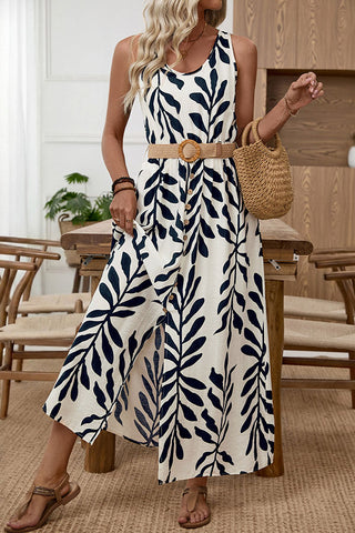 Leaf Print Split Maxi Sleeveless Casual Dress With Belt