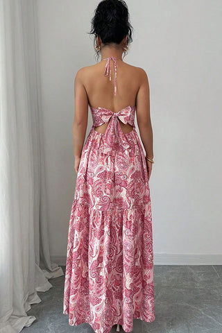 Bow Back V Neck Halter Neck Maxi Dress