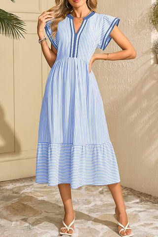 V Neck Stripe Print Ruffle Sleeve Casual Dress