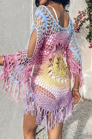 Fashion Tassel Hollow Color block Beachwear Cover Up