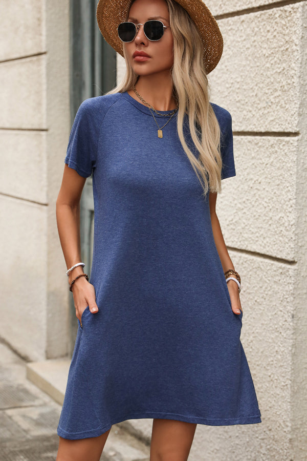 blue colour short dress Fashion Solid Color Short Sleeve Mini Dress – Beachsissi