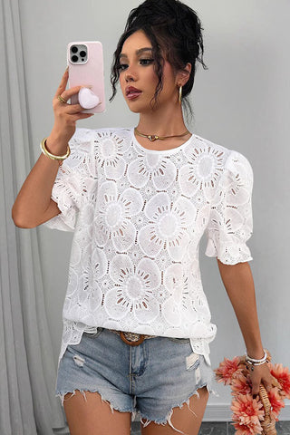 Fashion Solid Color Hollow Round Neck Casual Tops