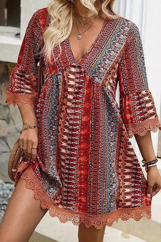Fashion Lace Patchwork V Neck Casual Dress