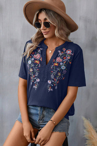 V Neck Embroidery Half Sleeve Casual Tops