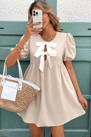 Cute Bow Puff Sleeve Color Block Mini Dress