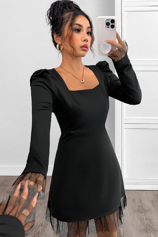 Solid Black Lace Patchwork Long Sleeve Casual Dress