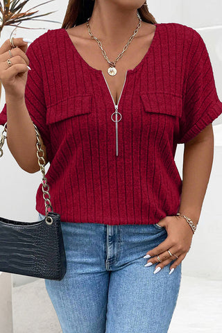 Fashion Zipper V Neck Solid Tops