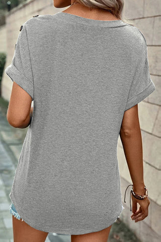 Fashion V Neck Button Solid Casual Tops