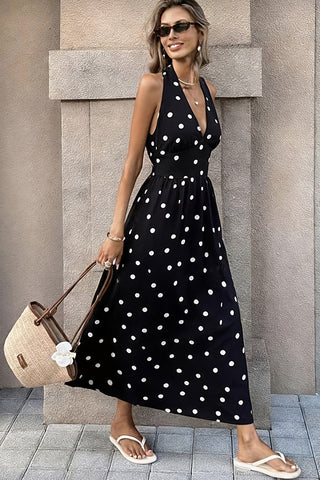 Fashion V Neck Button Halter Neck Casual Dress