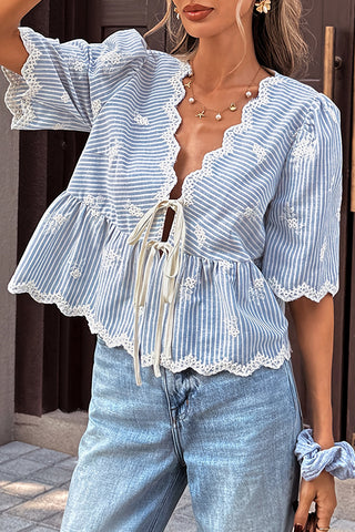V Neck Cute Lace Stripe Print Tops