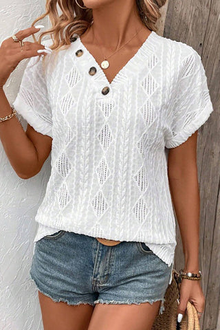 V Neck Button Casual Solid Tops