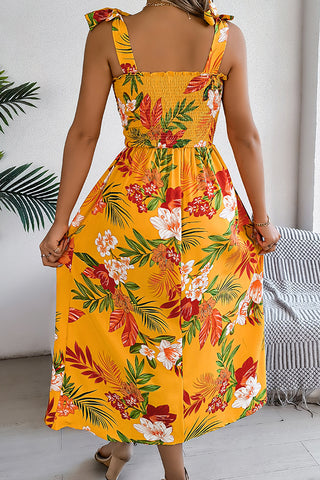 Fashion Smocked Design Floral Print Casual Dress