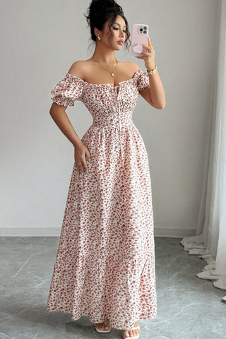 Smocked Waist Floral Print Ruffle Hem Casual Maxi Dress