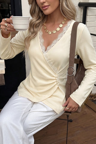 V Neck Fashion Button Lace Casual Tops