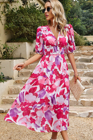 Hot Sale V Neck Smocked Waist Floral Print Maxi Dress