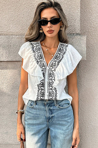 French Style Ruffle V Neck Casual Tops