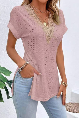 Fashion V Neck Patchwork Split Casual Tops