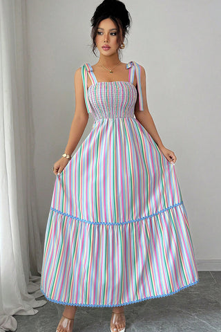 Tie Shoulder Stripe Print Colorful Maxi Dress