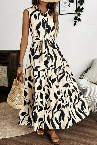 Fashion Leaf Print Tie Waist Causal Maxi Dress