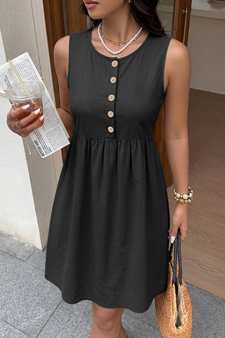 Fashion Button Solid Black Casual Mini Dress