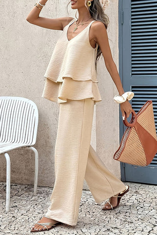 V Neck Solid Color Ruffle Two Piece Set