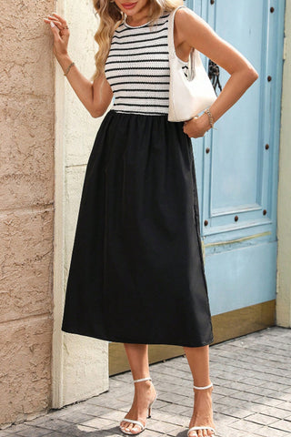 Stripe Print Patchwork High Waist Casual Dress