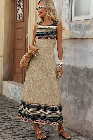 Fashion Bohemia Print Color Block Maxi Dress