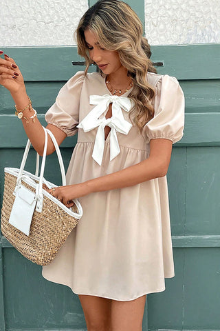 Cute Bow Puff Sleeve Color Block Mini Dress