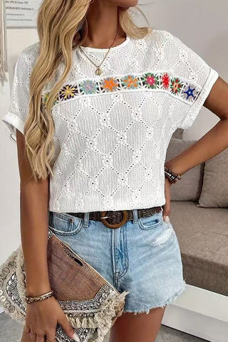 Fashion Hollow Patchwork Round Neck Casual Tops