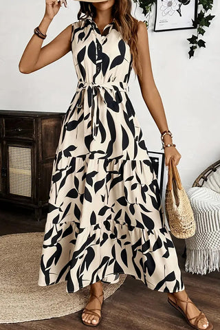 Fashion Leaf Print Tie Waist Causal Maxi Dress