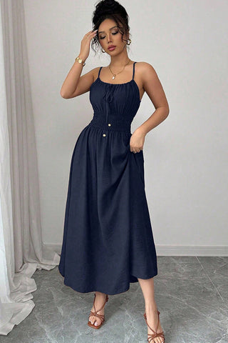 Fashion Solid Color Smocked Waist Casual Dress