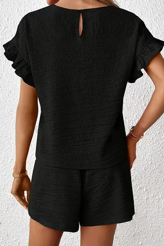 Ruffle Sleeve Round Neck Casual Two Piece Set