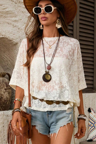 Lace Solid Color Round Neck Casual Tops