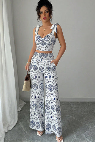 Fashion Smocked Print Tie Shoulder Two Piece Set