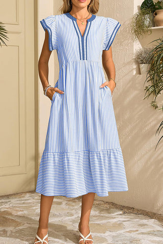 V Neck Stripe Print Ruffle Sleeve Casual Dress