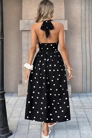 Fashion V Neck Button Halter Neck Casual Dress