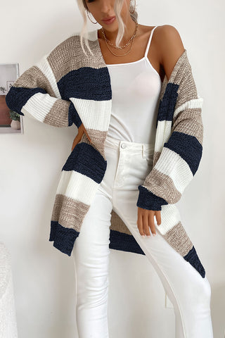 Fashion Color Block Stripe Print Casual Cardigan