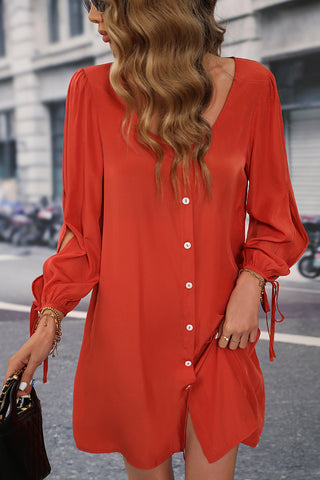 Long Sleeve Button Round Neck Solid Dress